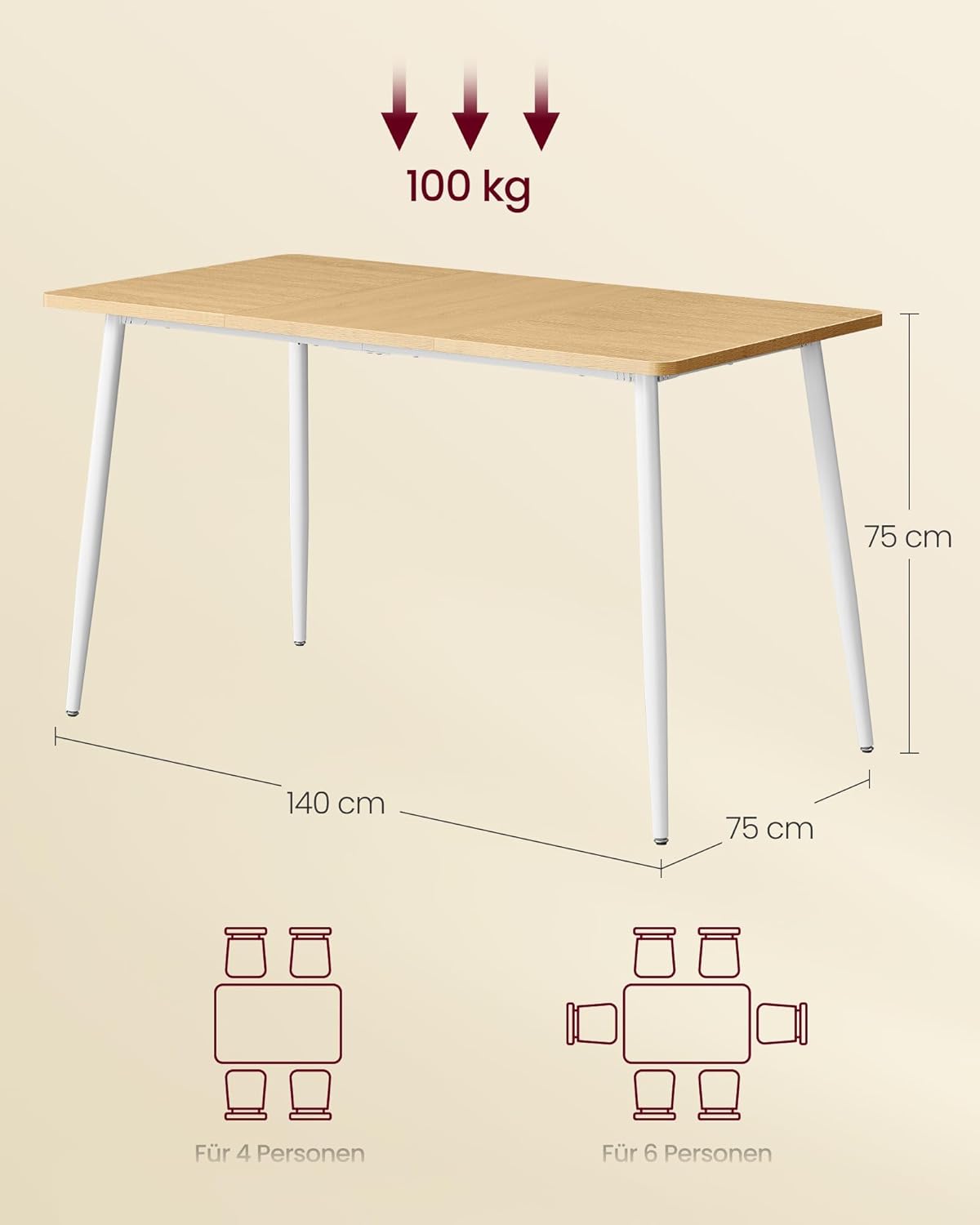 Afmetingen eettafel 140 x 75 x 75 cm