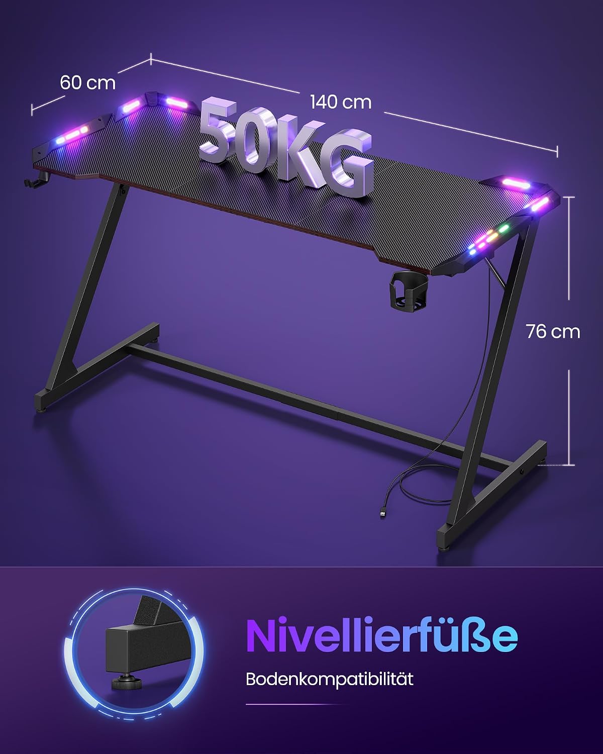 Gamebureau met RGB LED-Verlichting – Z-Vormig Stalen Frame – Carbonlook Blad – Bekerhouder & Koptelefoonhaak