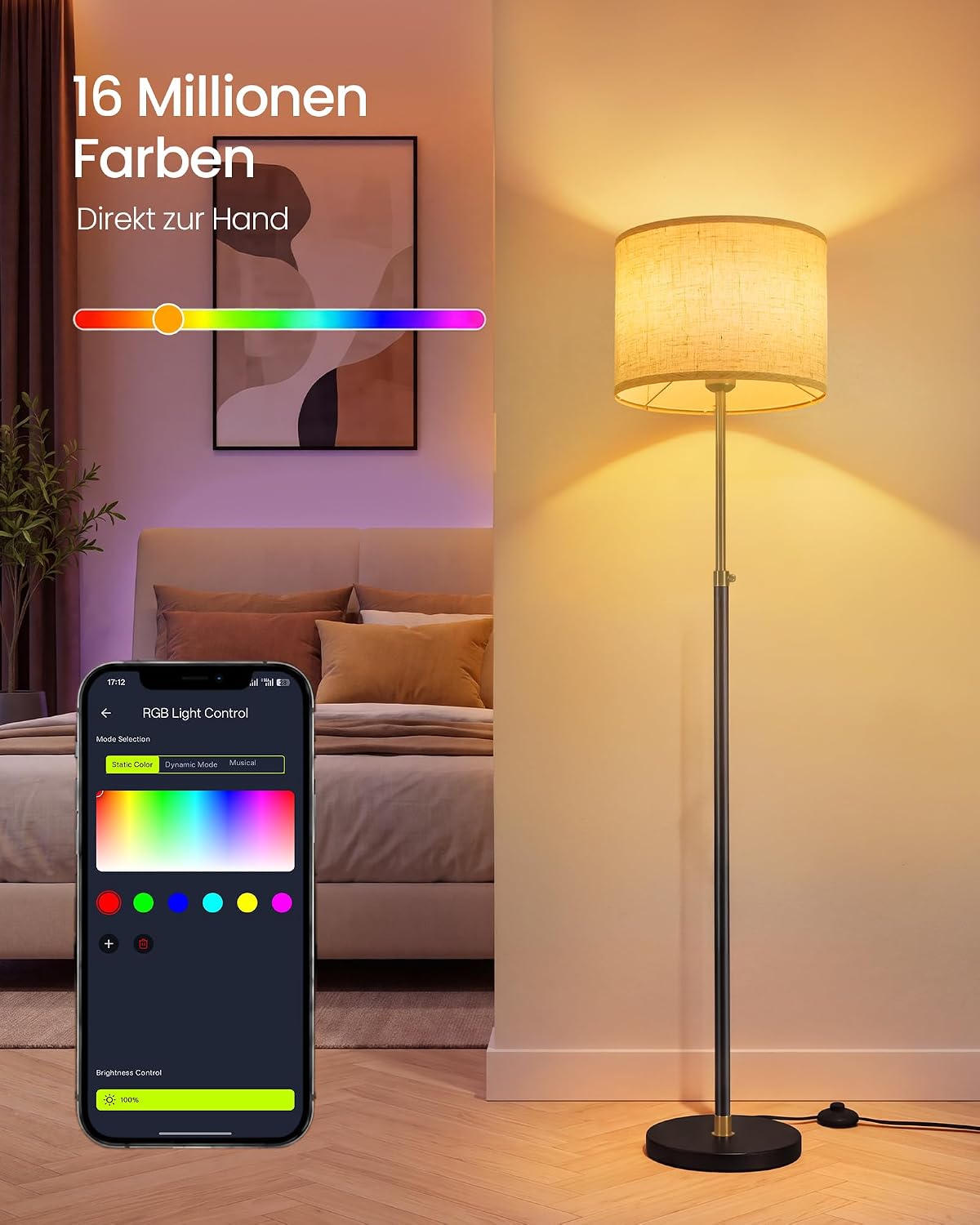 Staande Lamp met Stoffen Lampenkap – Verstelbare Hoogte – Inclusief LED-lamp – Goud-Zwart