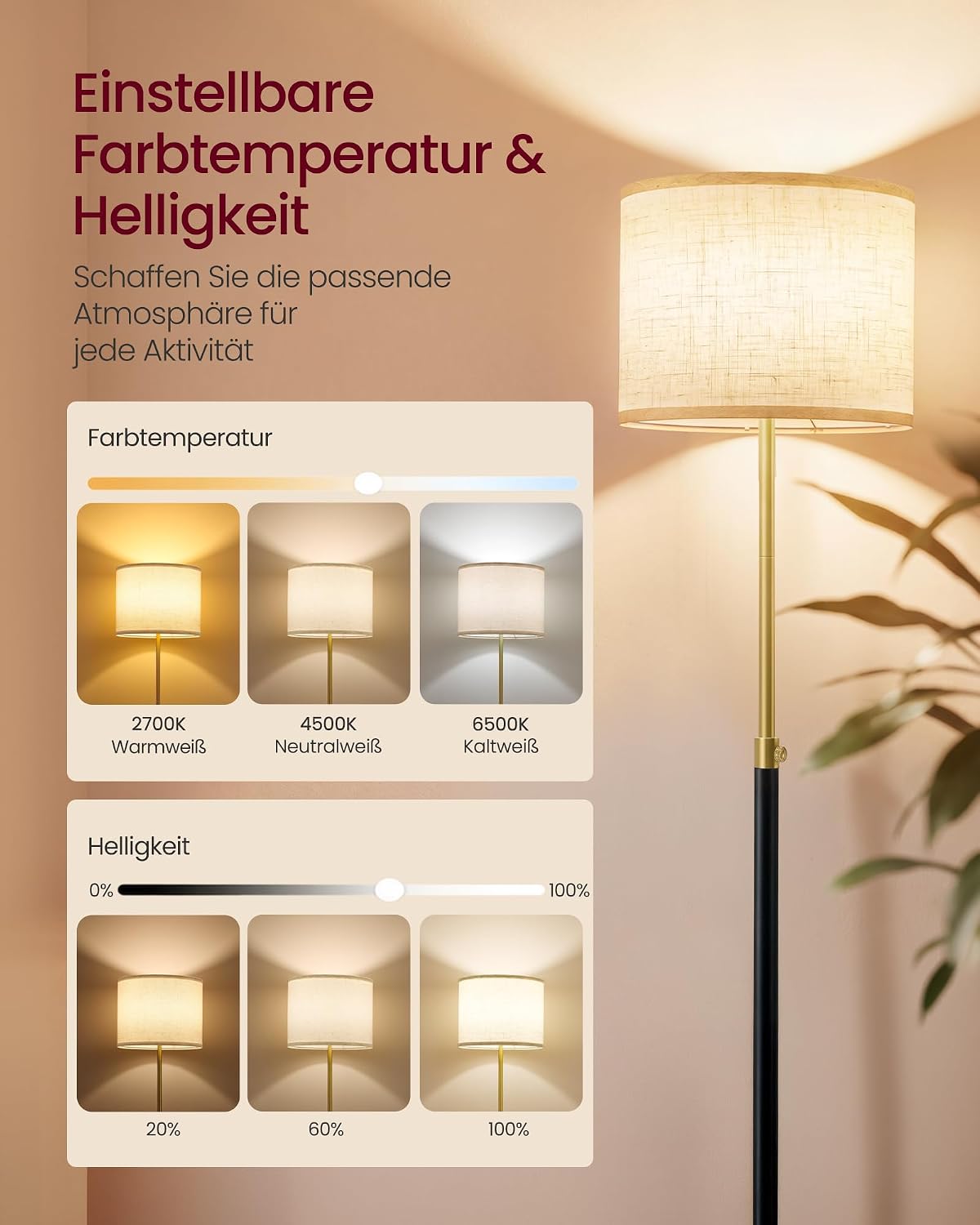 Staande Lamp met Stoffen Lampenkap – Verstelbare Hoogte – Inclusief LED-lamp – Goud-Zwart