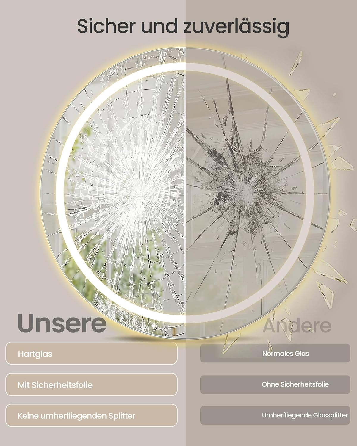 Ronde Badkamerspiegel met LED-Verlichting – Anti-condens – Dimbaar – 3 Lichtkleuren – Ø 51 of 61 cm