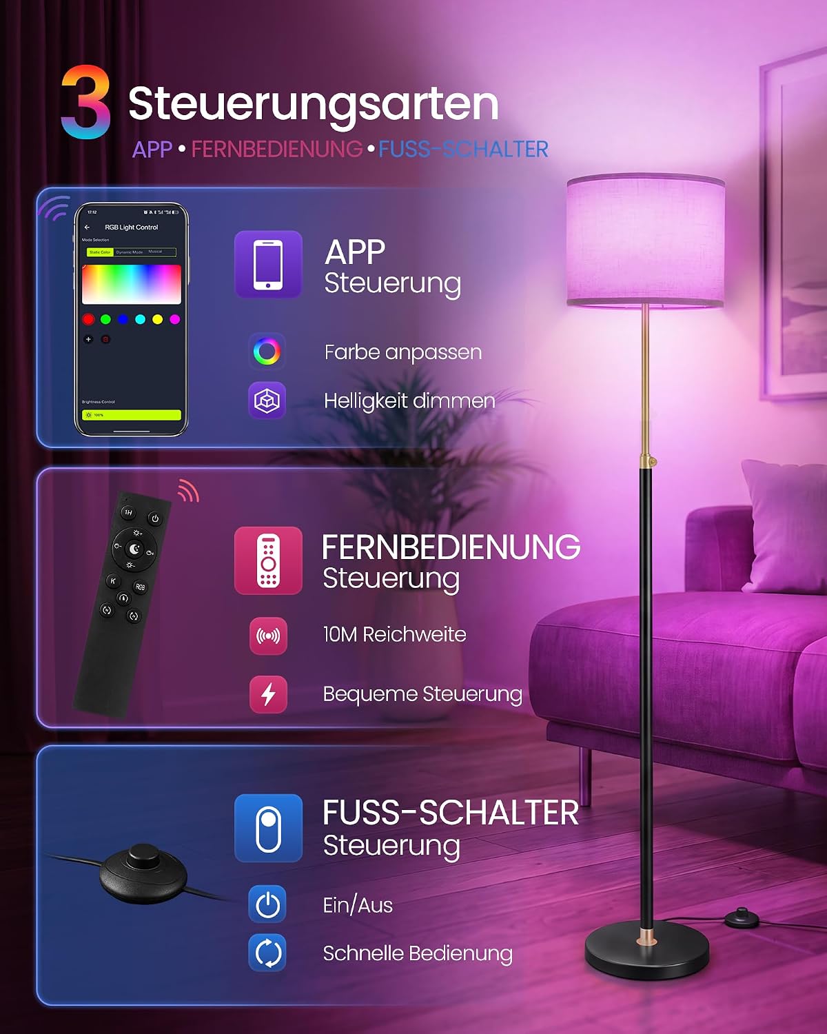 Staande Lamp met Stoffen Lampenkap – Verstelbare Hoogte – Inclusief LED-lamp – Goud-Zwart