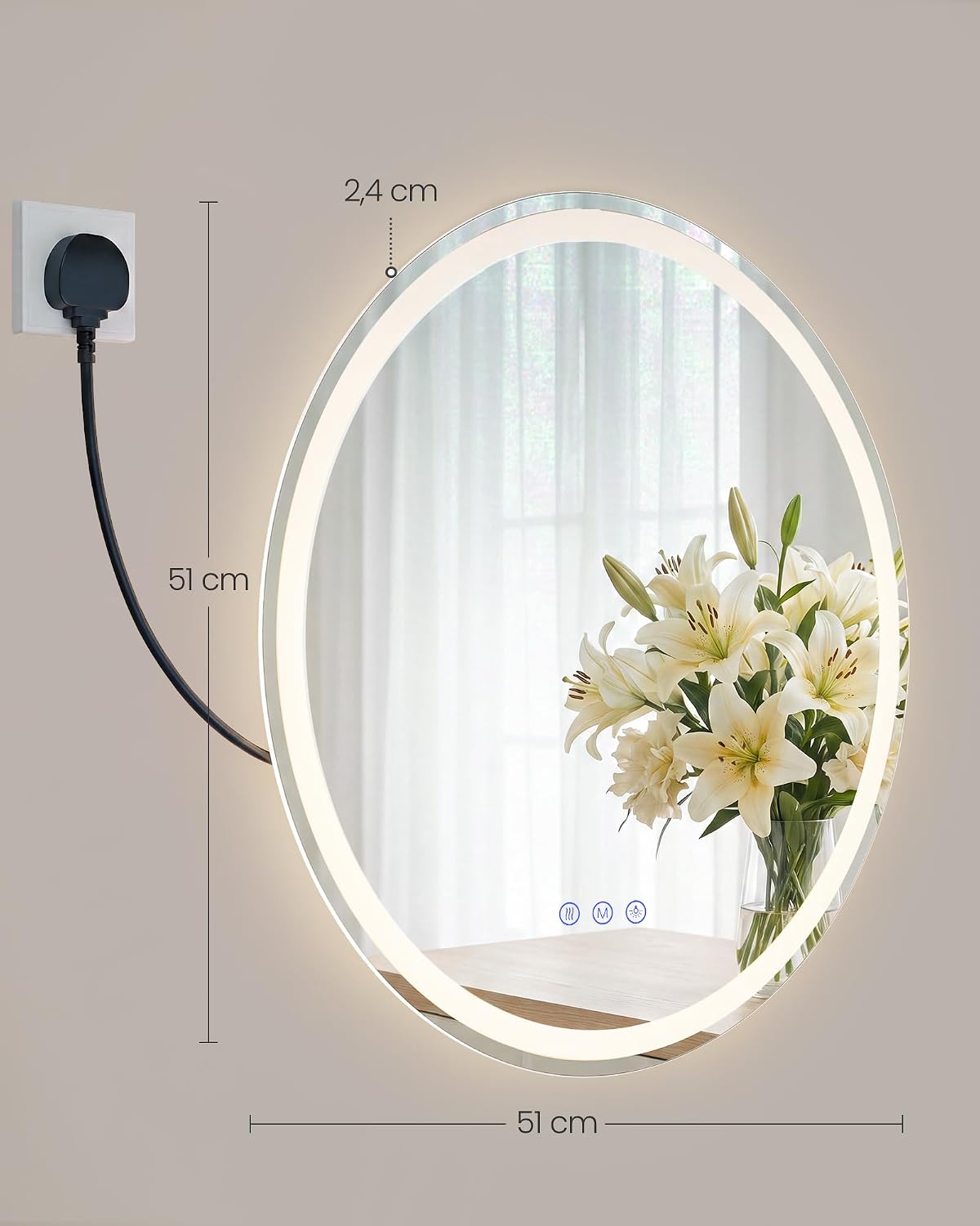 Ronde Badkamerspiegel met LED-Verlichting – Anti-condens – Dimbaar – 3 Lichtkleuren – Ø 51 of 61 cm