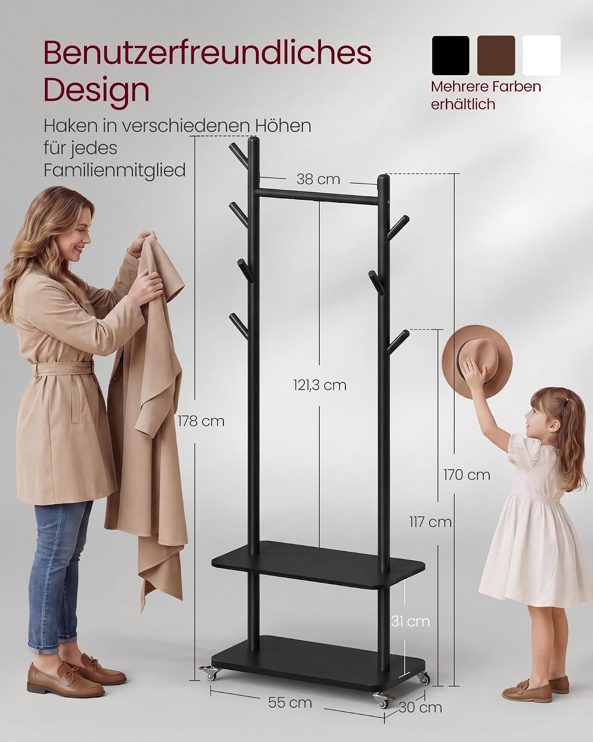 Kapstok van Massief Hout op Wielen – 7 Haken, Kledingstang & 2 Planken – 178 cm