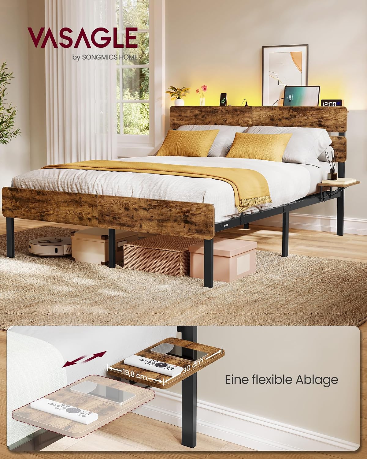 Metalen Bedframe Met LED-Verlichting En Oplaadstation – Industrieel Design – USB-A En USB-C – Met Opbergruimte Onder Het Bed