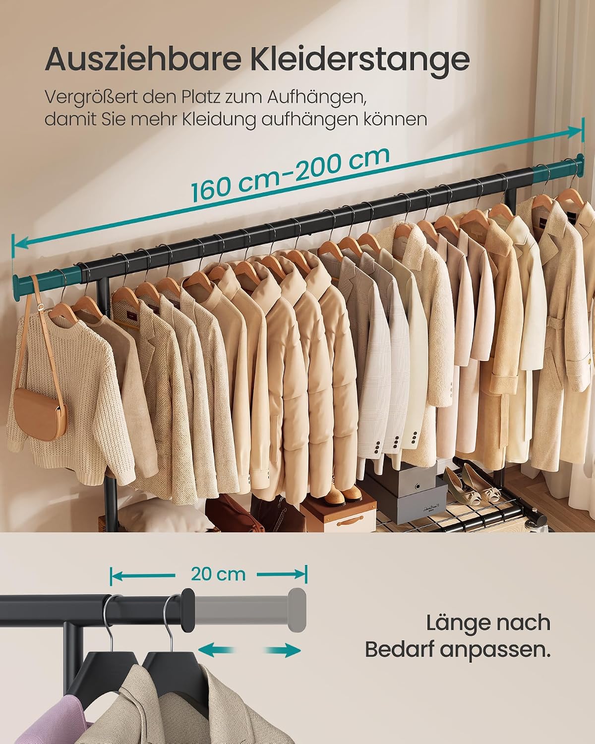 Kledingrek op Wielen – Uitschuifbaar – Tot 180 kg – Met Schoenenplank – Staal
