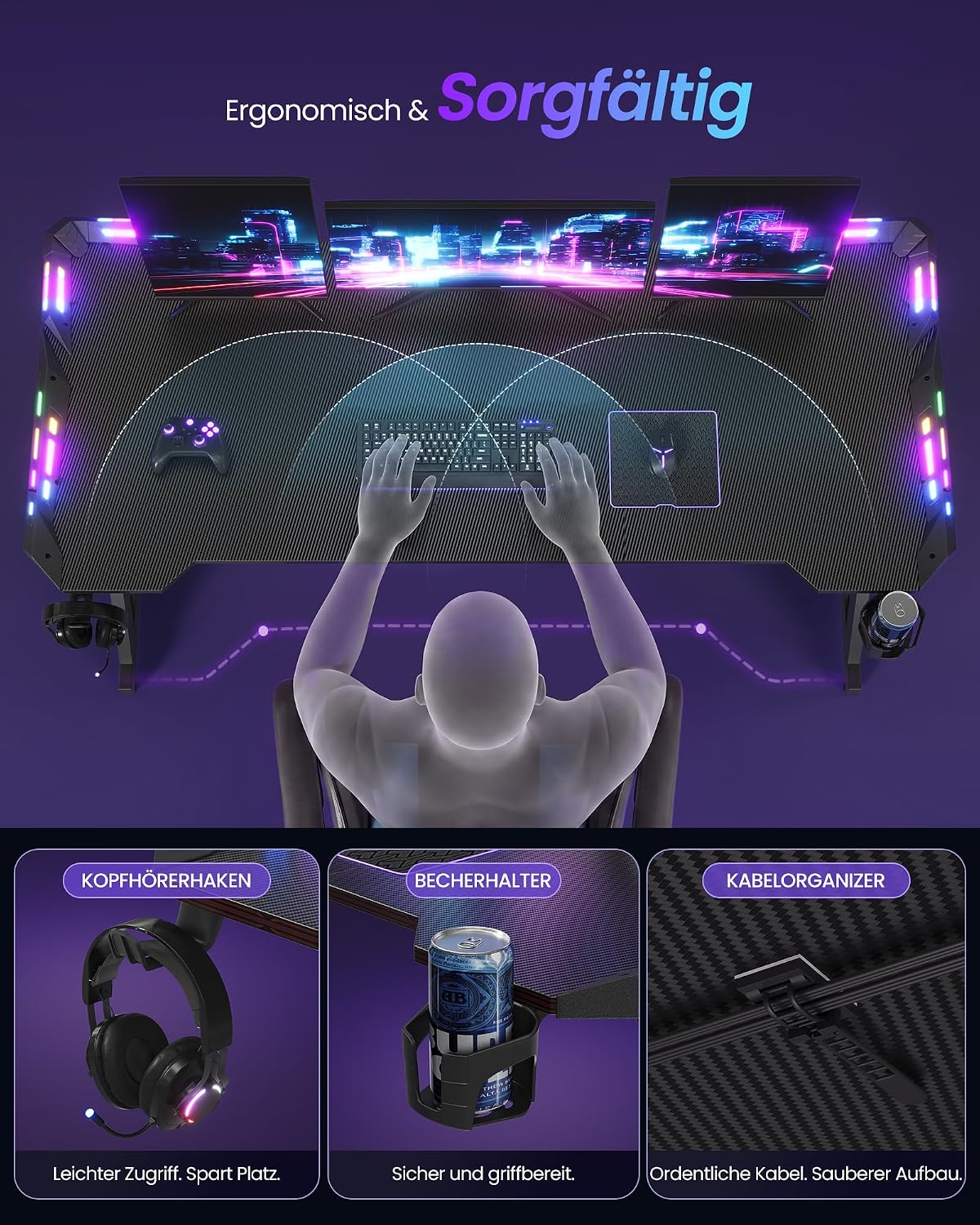 Gamebureau met RGB LED-Verlichting – Z-Vormig Stalen Frame – Carbonlook Blad – Bekerhouder & Koptelefoonhaak