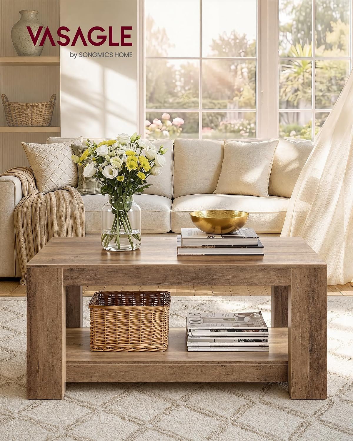 Salontafel met Onderplank – Robuuste Blokpoten – Honingbruine Houtlook – Tot 90 kg – 100 x 55 x 45 cm