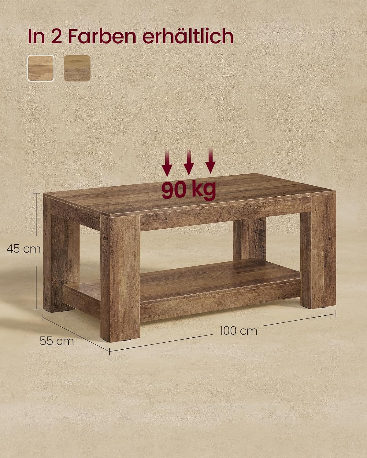 Salontafel met Onderplank – Robuuste Blokpoten – Honingbruine Houtlook – Tot 90 kg – 100 x 55 x 45 cm