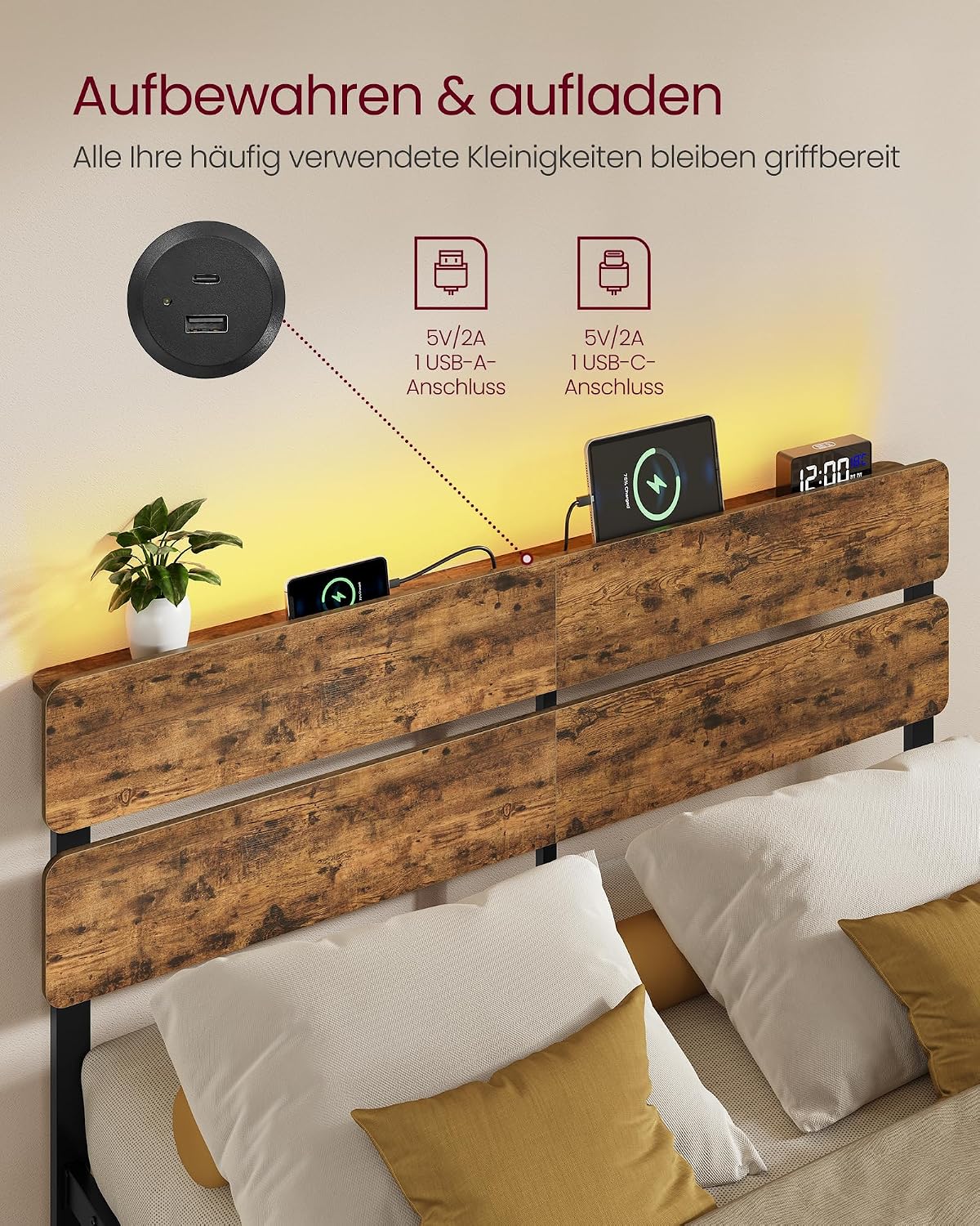 Metalen Bedframe Met LED-Verlichting En Oplaadstation – Industrieel Design – USB-A En USB-C – Met Opbergruimte Onder Het Bed