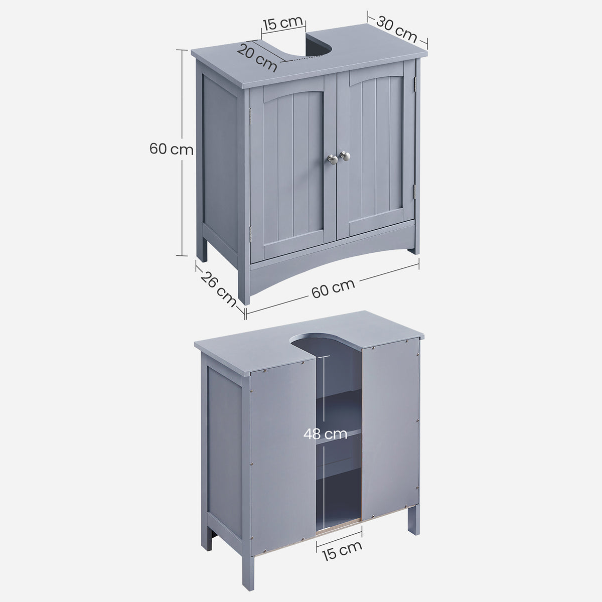 Wastafelonderkast met 2 Deuren – Verstelbare Plank – Sifonuitsparing – 60 x 30 x 60 cm