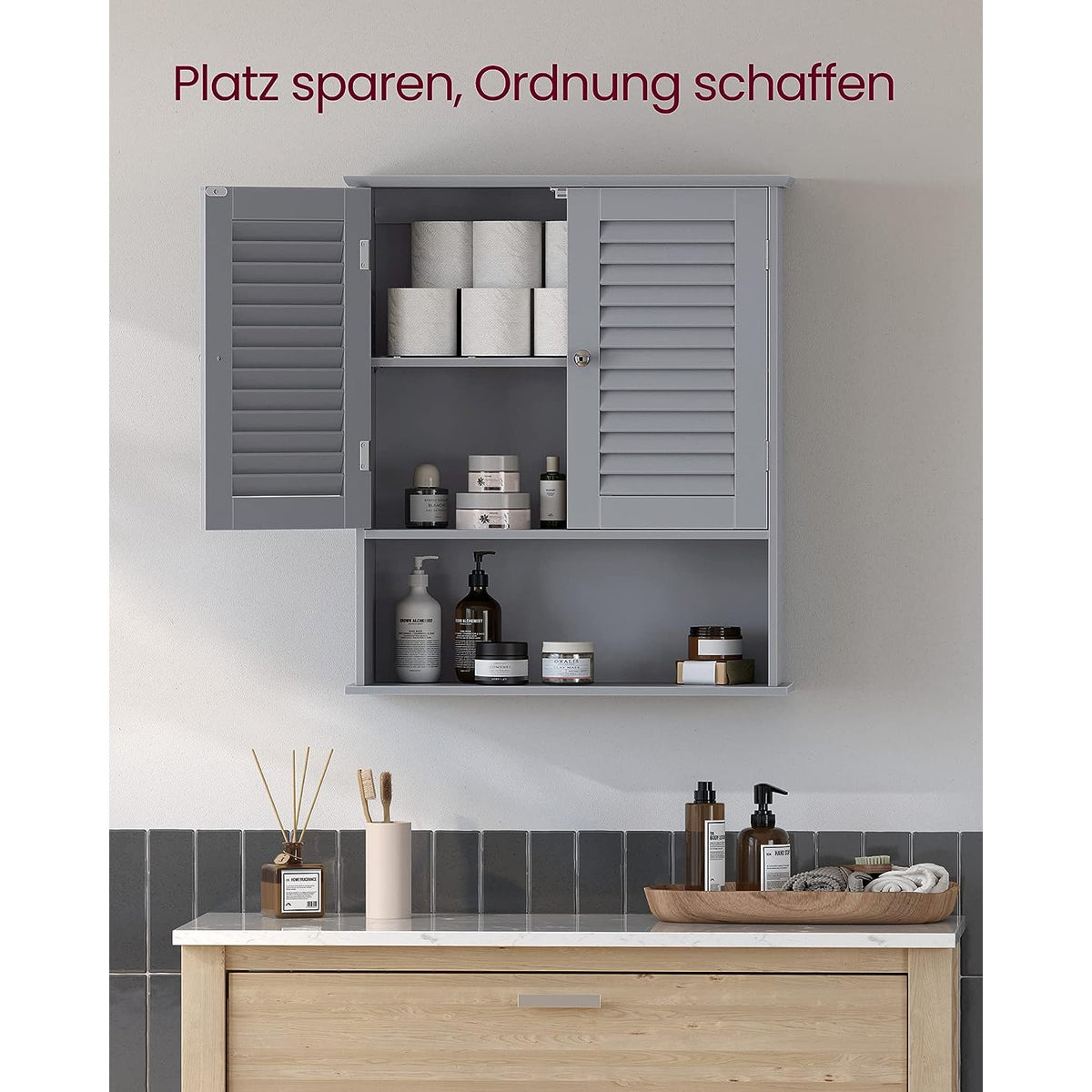 Hangkast met 2 Lamellendeuren en Open Vak – Badkamerkast – Verstelbare Plank – 60 x 20 x 70 cm