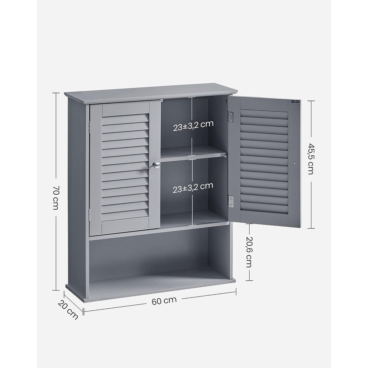 Hangkast met 2 Lamellendeuren en Open Vak – Badkamerkast – Verstelbare Plank – 60 x 20 x 70 cm