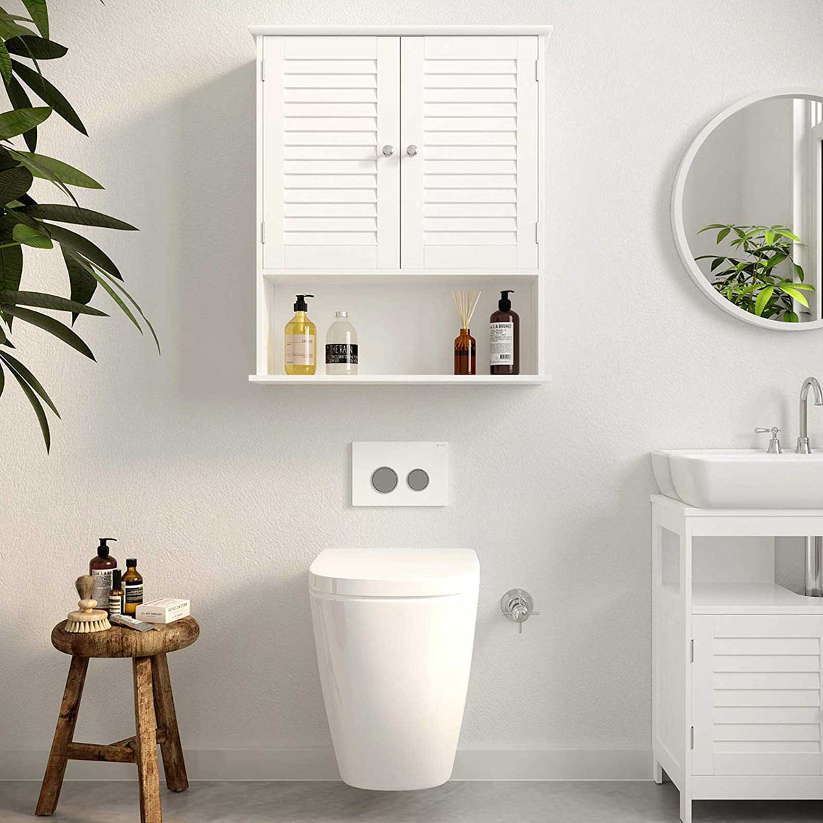 Hangkast met 2 Lamellendeuren en Open Vak – Badkamerkast – Verstelbare Plank – 60 x 20 x 70 cm