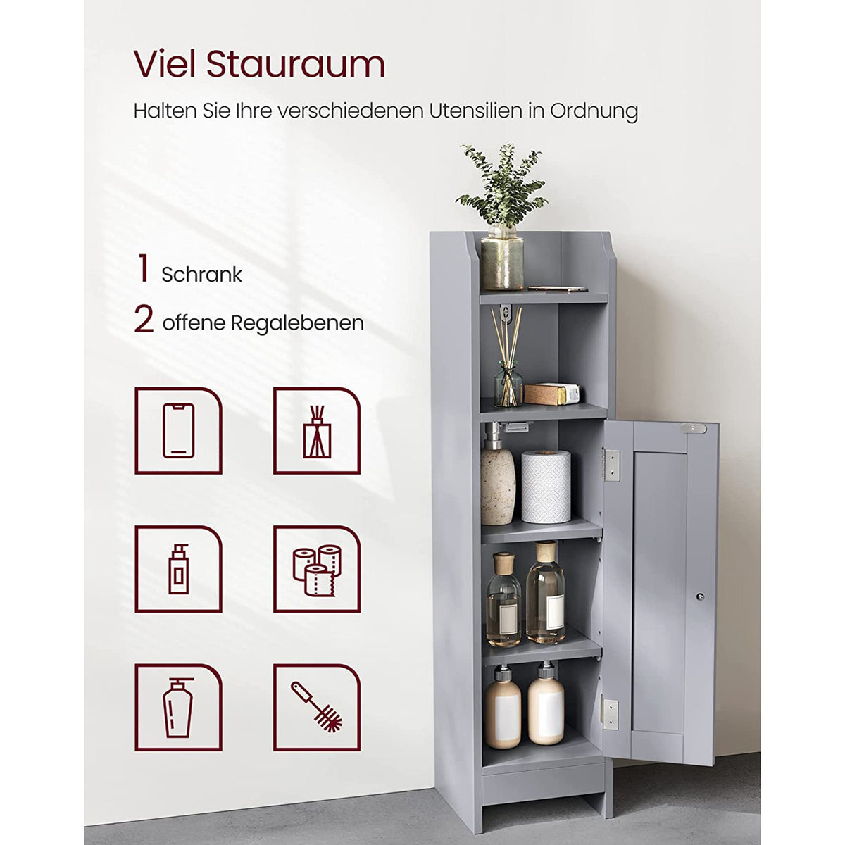 Smalle Badkamerkast met Deur – 2 Open Vakken & Verstelbare Planken – 18 cm Breed – 80 cm Hoog