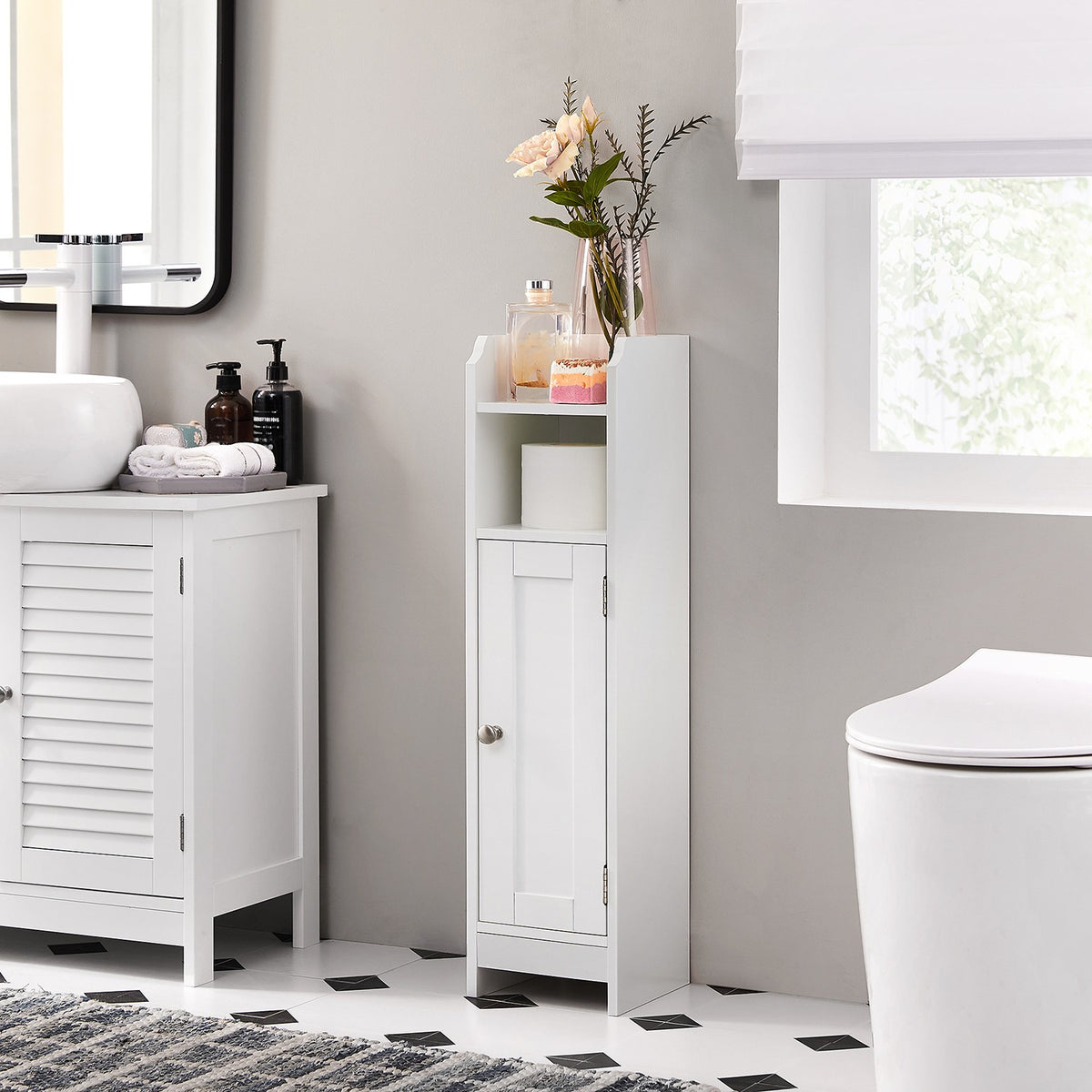 Smalle Badkamerkast met Deur – 2 Open Vakken & Verstelbare Planken – 18 cm Breed – 80 cm Hoog