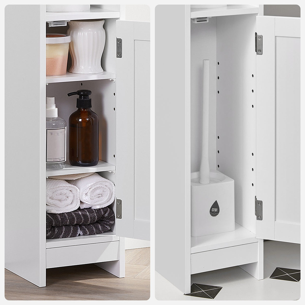 Smalle Badkamerkast met Deur – 2 Open Vakken & Verstelbare Planken – 18 cm Breed – 80 cm Hoog