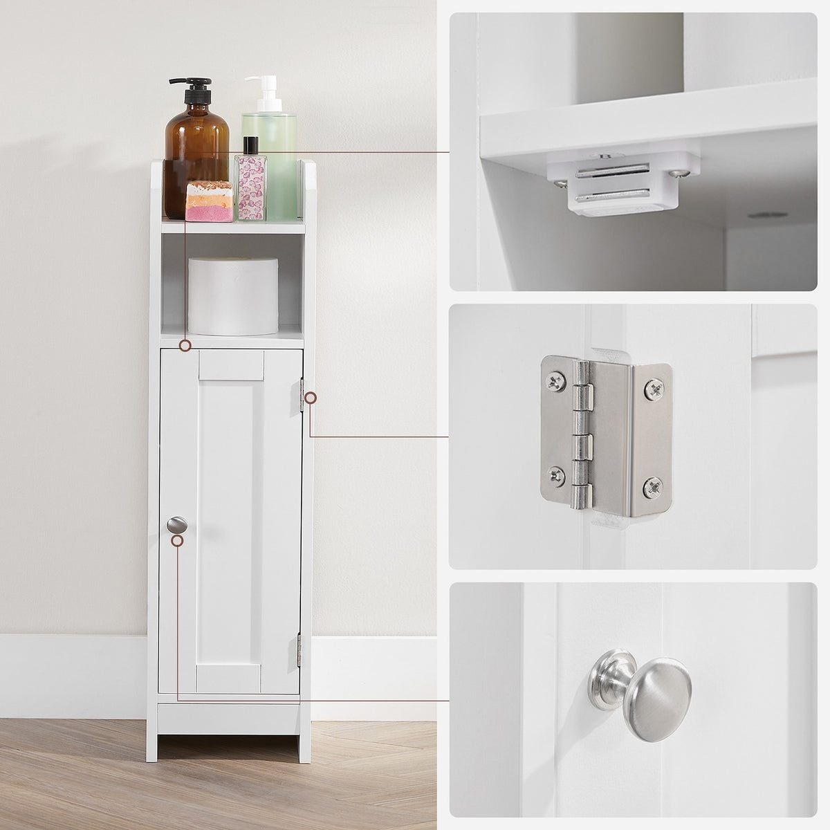 Smalle Badkamerkast met Deur – 2 Open Vakken & Verstelbare Planken – 18 cm Breed – 80 cm Hoog