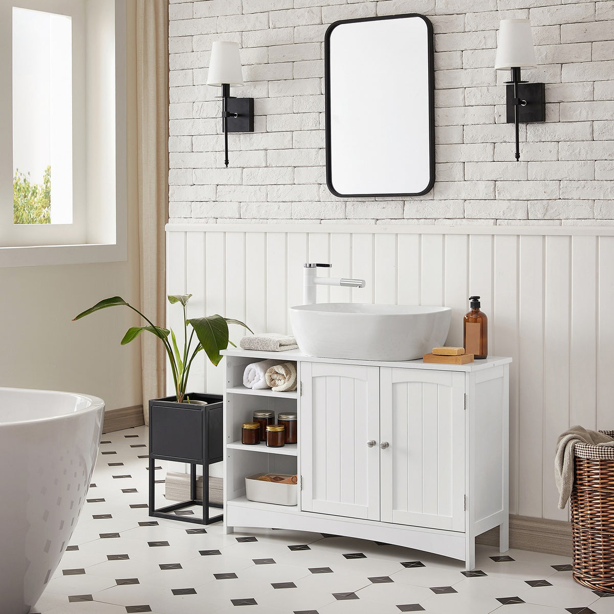 Wastafelonderkast – 2 Deuren & Open Vakken – Verstelbare Planken – Sifonuitsparing – 90 x 30 x 60 cm