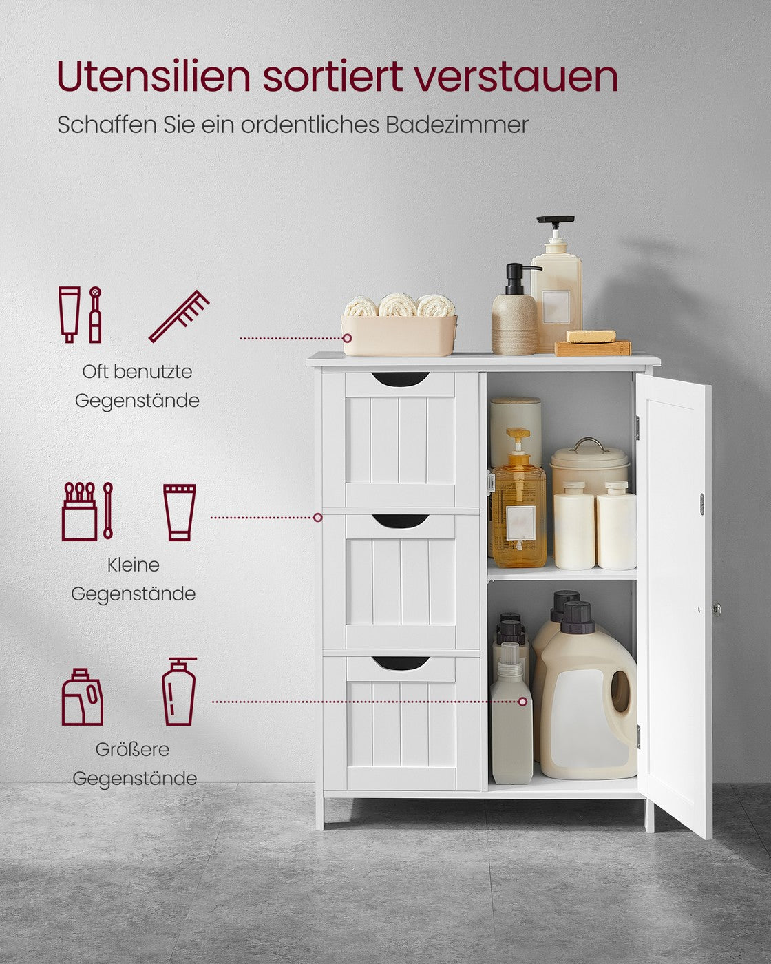 Badkamerkast met 3 Lades en Deur – Verstelbare Plank – Kantelbeveiliging – Wit – 60 x 30 x 81 cm