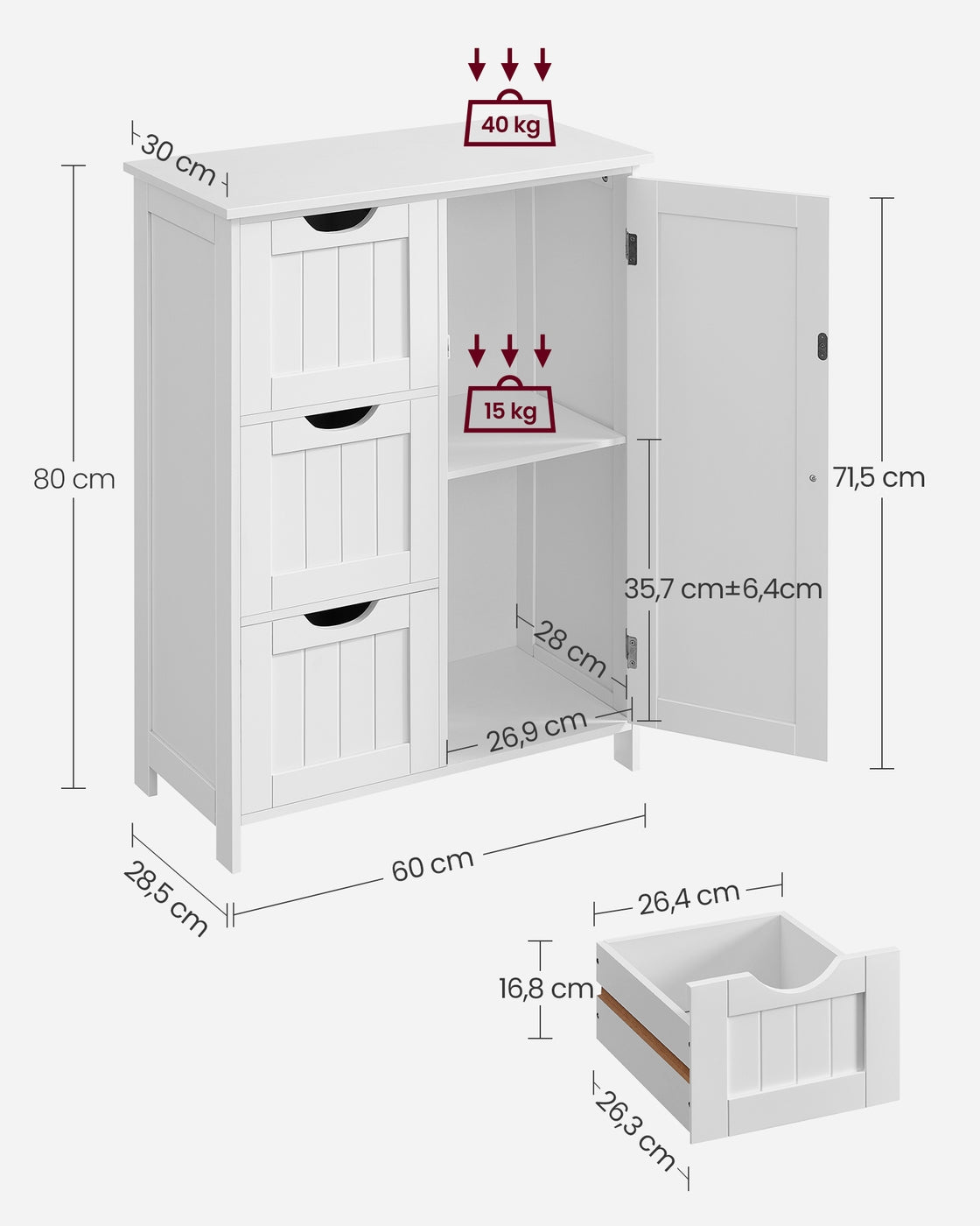Badkamerkast met 3 Lades en Deur – Verstelbare Plank – Kantelbeveiliging – Wit – 60 x 30 x 81 cm
