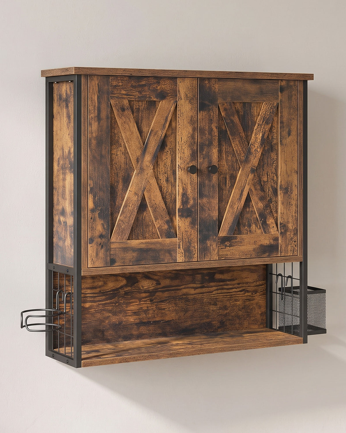Hangkast Badkamer met Föhnhouder en Opbergmandje – 2 Deuren – Vintage Bruin – 60 x 16 x 60 cm