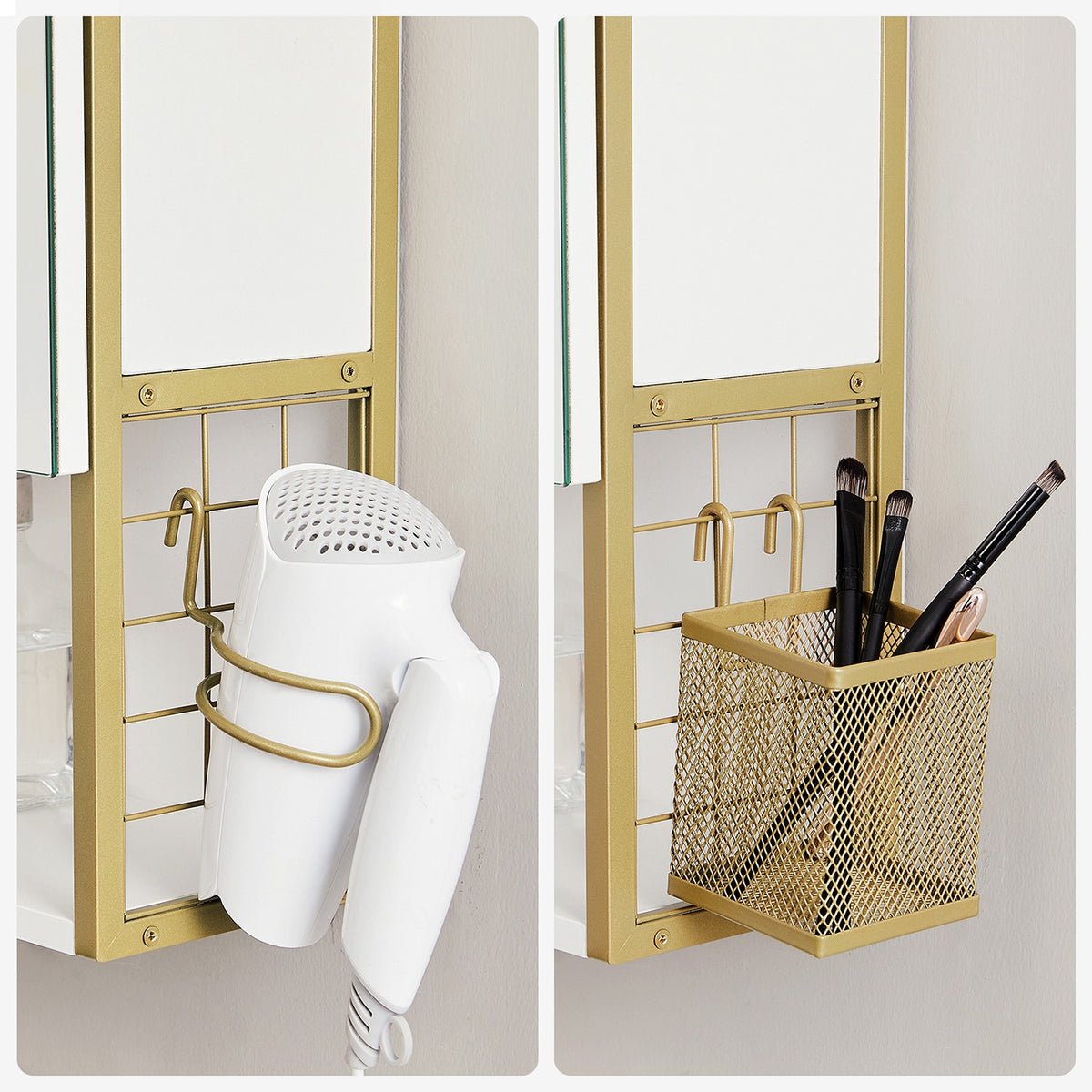 Spiegelkast met LED-Verlichting – 3 Spiegeldeuren – Föhnhouder & Opbergmandje – 70 x 14,5 x 70 cm