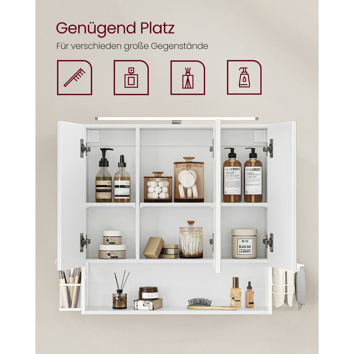 Spiegelkast met LED-Verlichting – 3 Spiegeldeuren – Föhnhouder & Opbergmandje – 70 x 14,5 x 70 cm