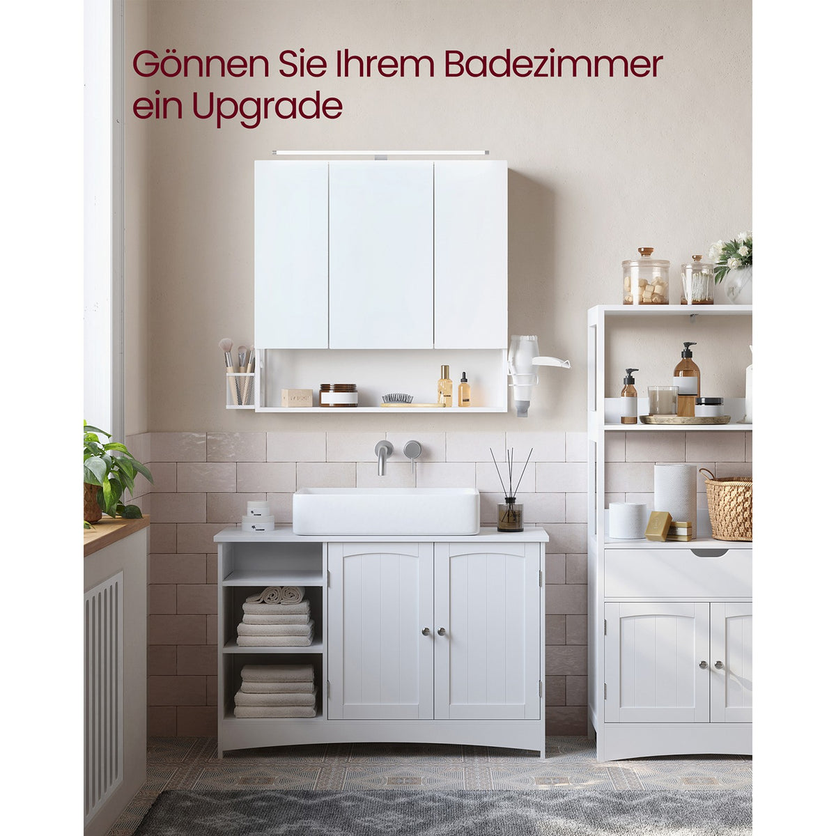 Spiegelkast met LED-Verlichting – 3 Spiegeldeuren – Föhnhouder & Opbergmandje – 70 x 14,5 x 70 cm
