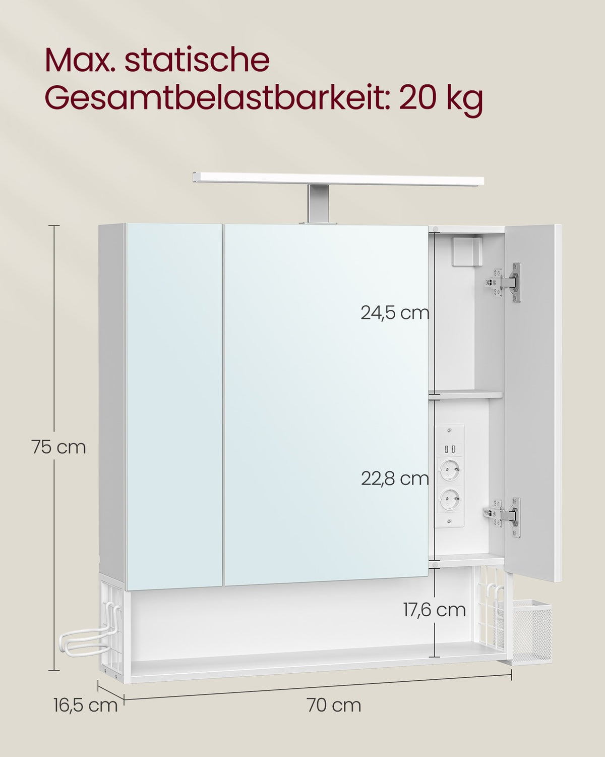 Spiegelkast met LED-Verlichting en Stopcontacten – 3 Spiegeldeuren – Föhnhouder & Opbergmandje