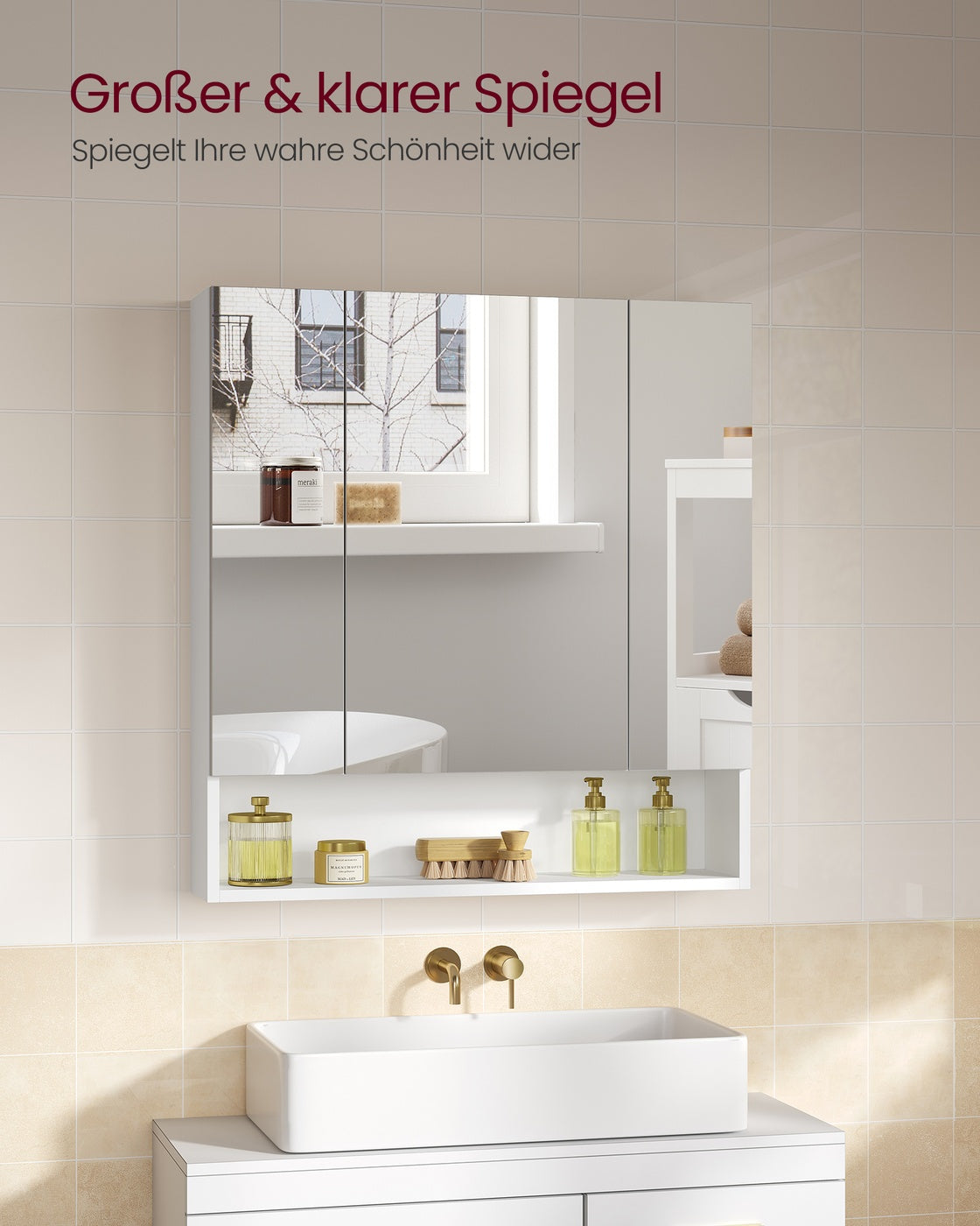 Spiegelkast voor de Badkamer – 3 Deuren & Open Vak – Verstelbare Planken – KAILYN Collectie