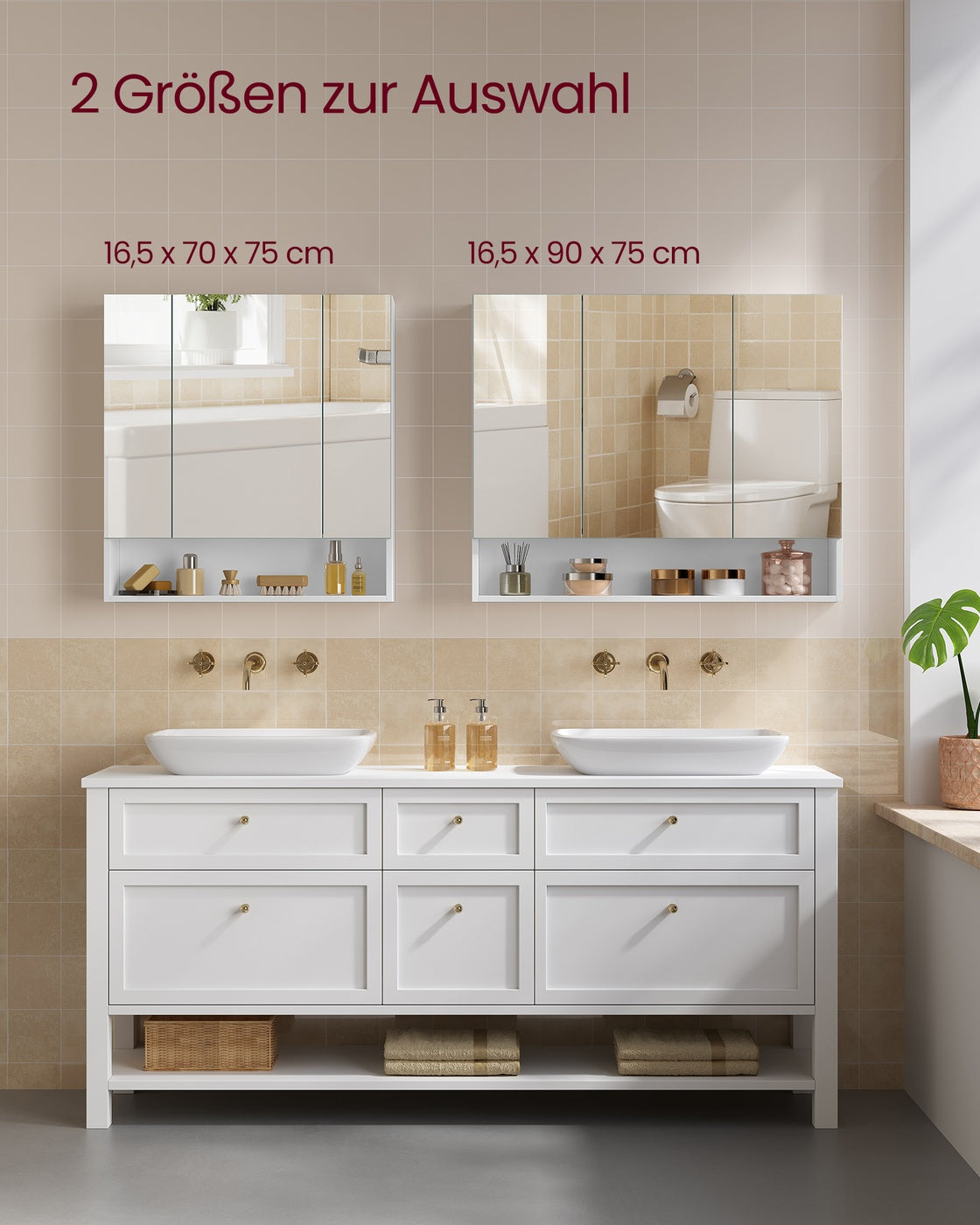 Spiegelkast voor de Badkamer – 3 Deuren & Open Vak – Verstelbare Planken – KAILYN Collectie