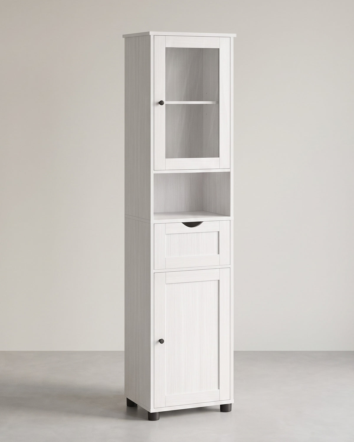 Hoge Badkamerkast met Glazen Deur, Lade en Open Vak – Verstelbare Planken – 40 x 30 x 165 cm