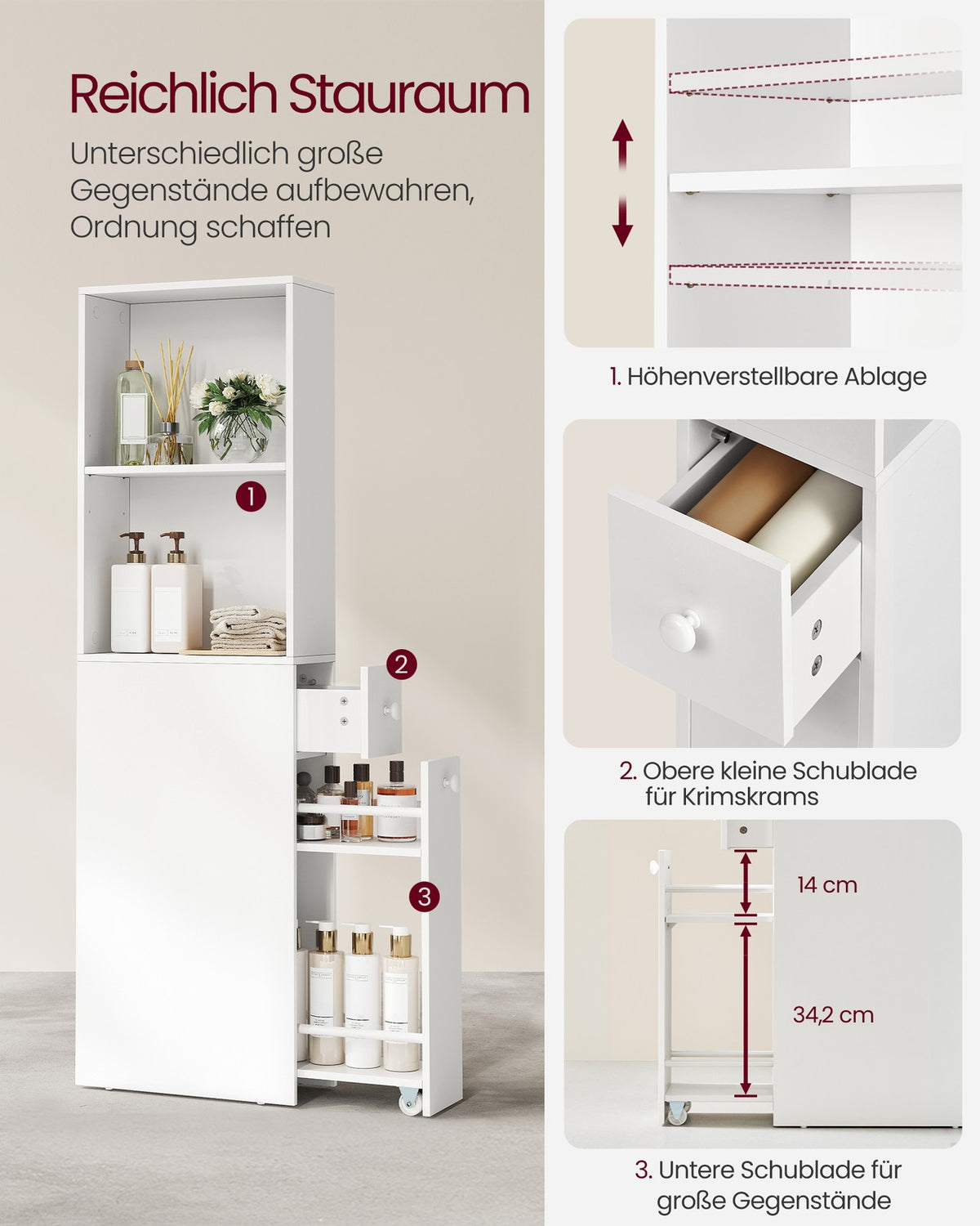 Smalle Badkamerkast met Uittrekbare Lade – Open Vakken & Laatje – 18 cm Breed – 134 cm Hoog