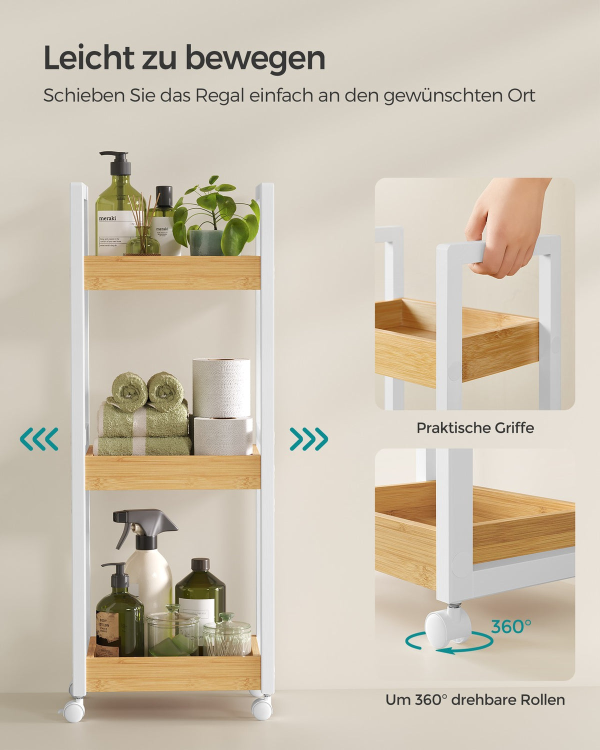 Badkamerrek op Wieltjes – Smal Rolwagentje met 3 Etages – Afneembare Wielen – 30 x 20 x 80 cm
