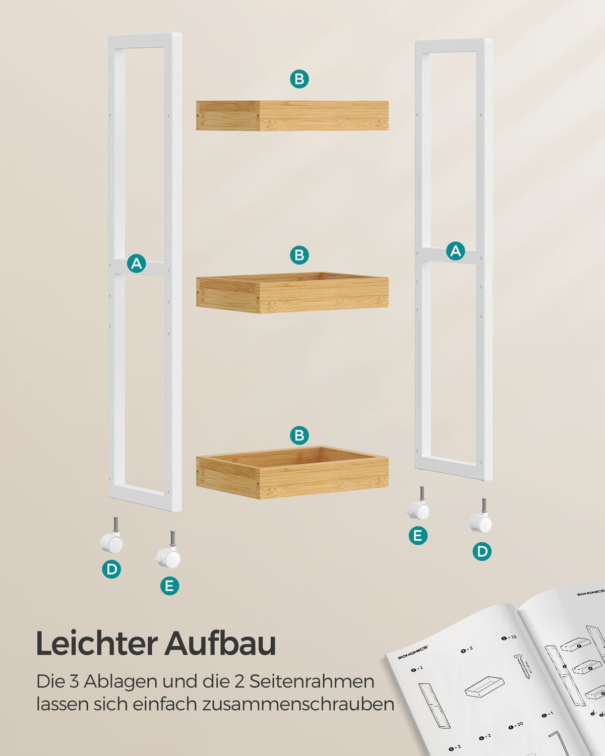 Badkamerrek op Wieltjes – Smal Rolwagentje met 3 Etages – Afneembare Wielen – 30 x 20 x 80 cm