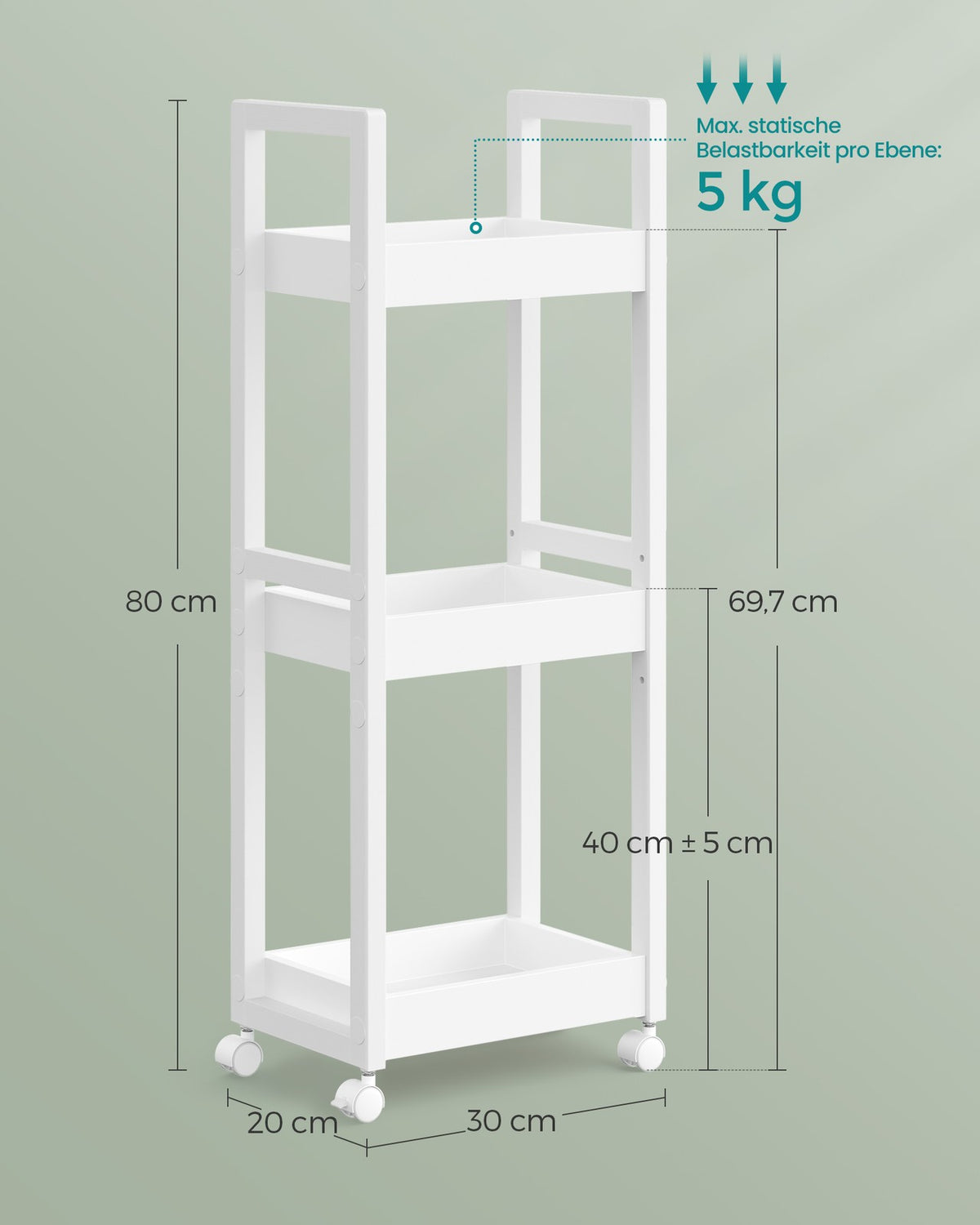 Badkamerrek op Wieltjes – Smal Rolwagentje met 3 Etages – Afneembare Wielen – 30 x 20 x 80 cm