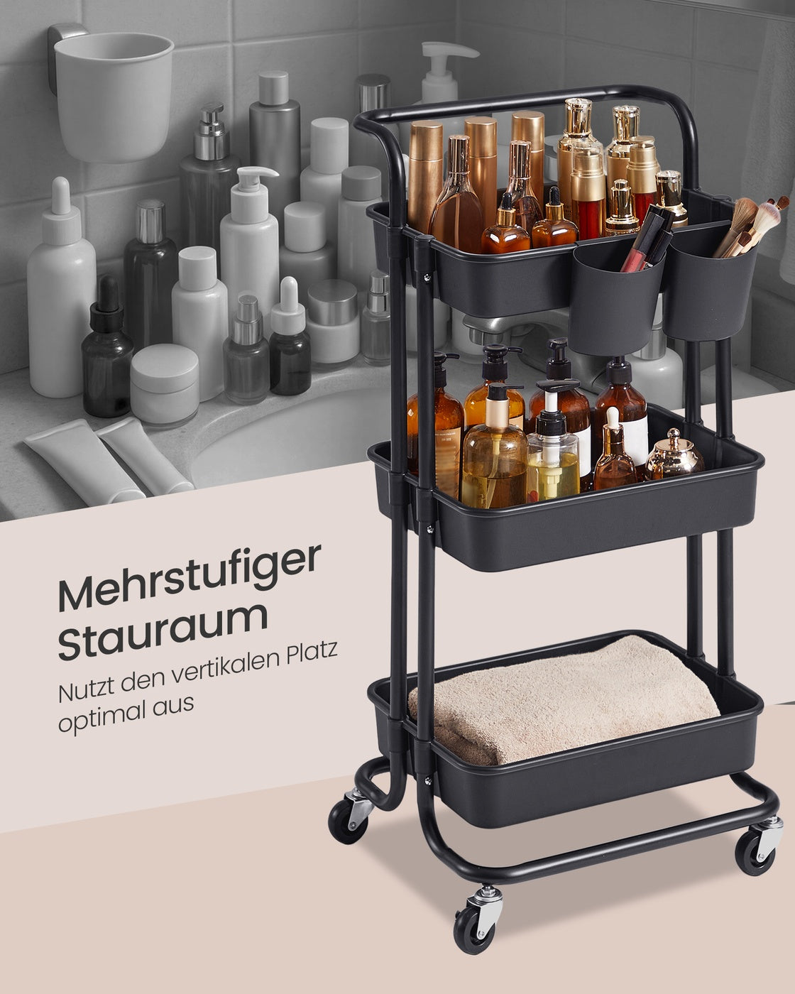 Trolley met Opbergmanden – Handgreep, 2 Hangbakjes & Wielen – 3 of 4 Lagen