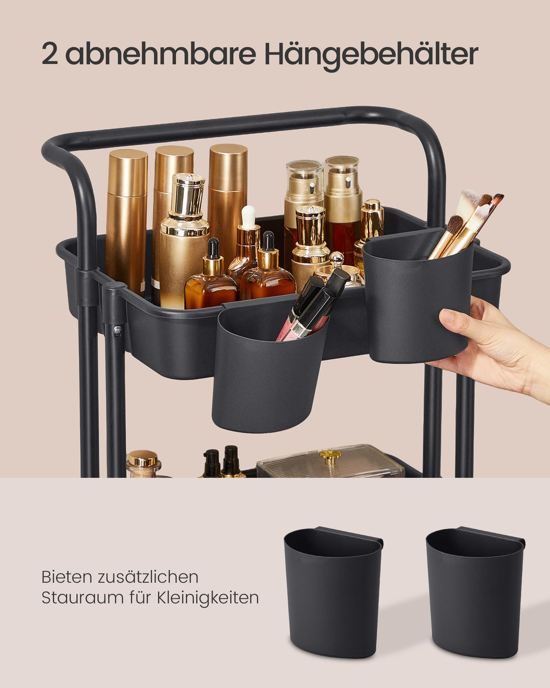 Trolley met Opbergmanden – Handgreep, 2 Hangbakjes & Wielen – 3 of 4 Lagen