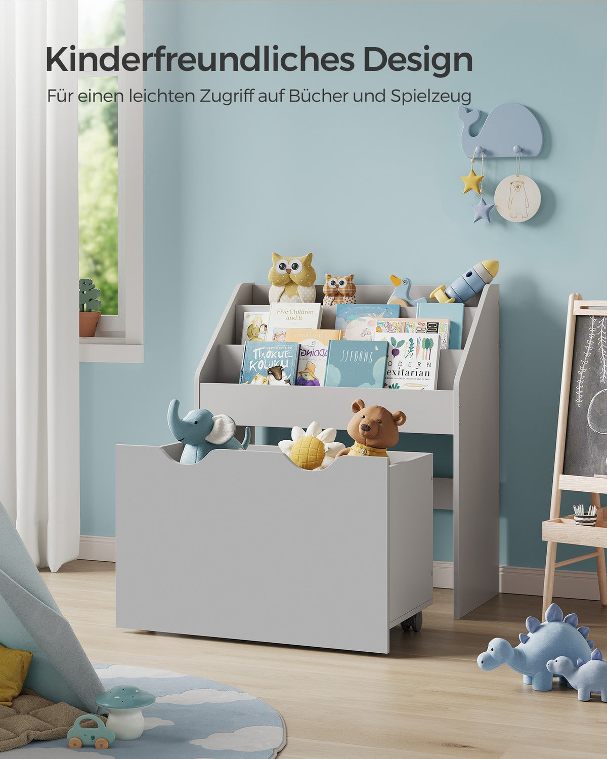 Kinderboekenkast met Speelgoedkist – Met Wielen en Anti-Kantelbeveiliging – 62,5 cm Breed