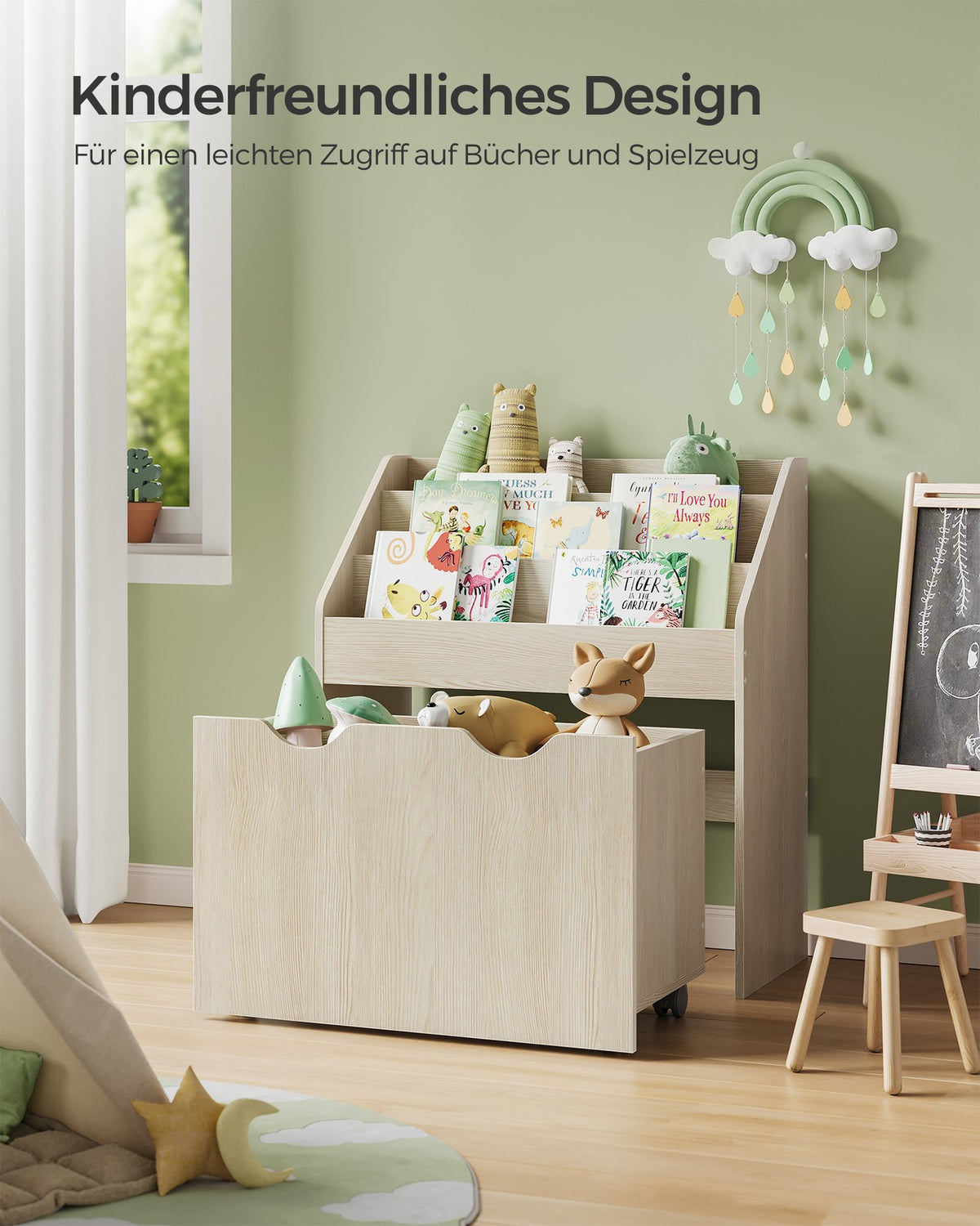 Kinderboekenkast met Speelgoedkist – Met Wielen en Anti-Kantelbeveiliging – 62,5 cm Breed