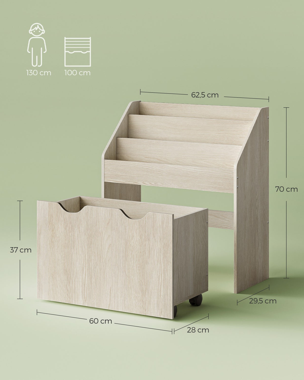 Kinderboekenkast met Speelgoedkist – Met Wielen en Anti-Kantelbeveiliging – 62,5 cm Breed