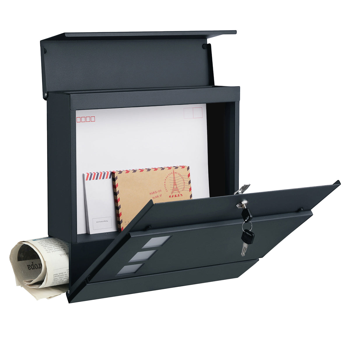 Brievenbus Antraciet met Krantenvak – Afsluitbaar met Afgedekt Slot – Wandmontage – 37 x 37 cm