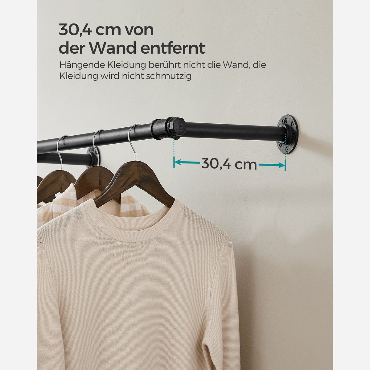 Kledingstang voor Wandmontage – Industrieel Kledingrek van Staal – Tot 68 kg – 170 cm