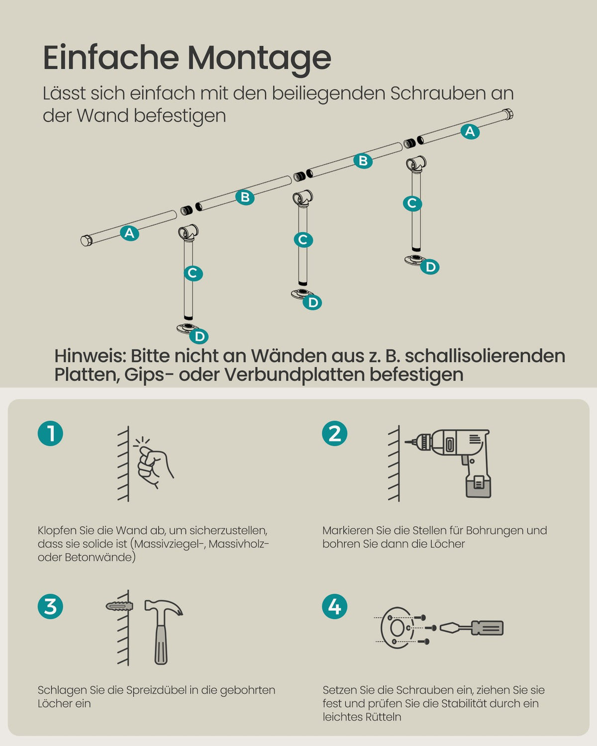 Kledingstang voor Wandmontage – Industrieel Kledingrek van Staal – Tot 68 kg – 170 cm