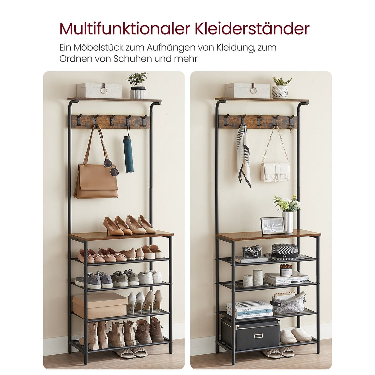 Kapstok – Garderoberek met 5 Legplanken, 5 Dubbele Haken en Bovenrek – Industrieel