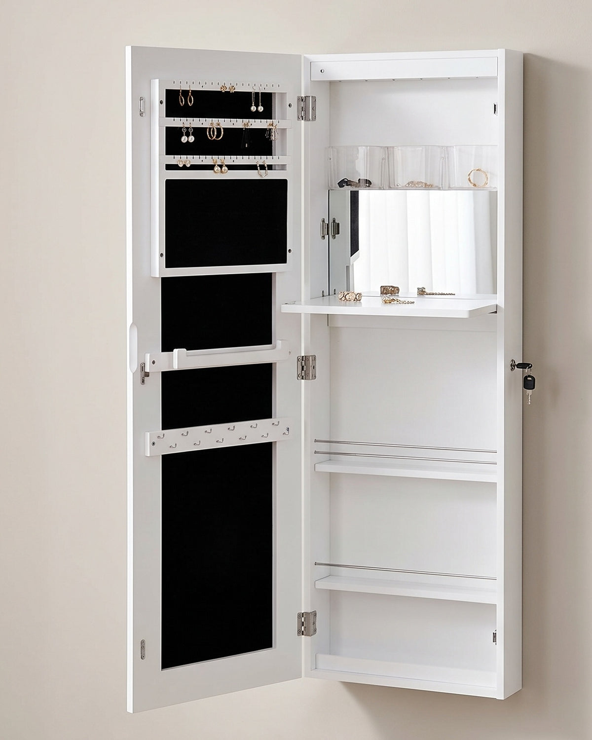 Hangende Sieradenkast met Frameloze Spiegeldeur – Binnenspiegel & Klapplank – Afsluitbaar – Wit – 110 cm