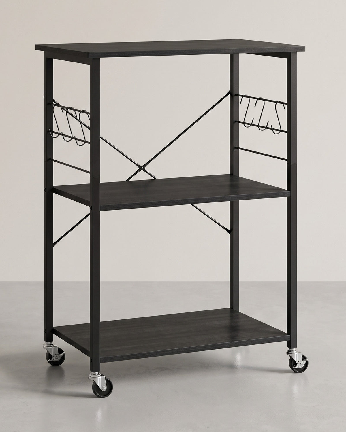 Magnetronrek op Wieltjes – Keukenrek met 3 Planken en S-Haken – X-Versteviging – 60 cm Breed