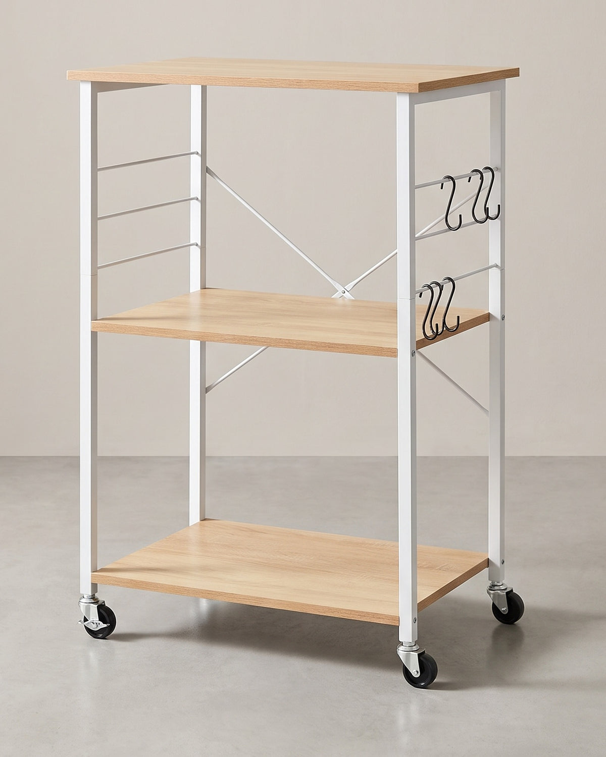 Magnetronrek op Wieltjes – Keukenrek met 3 Planken en S-Haken – X-Versteviging – 60 cm Breed