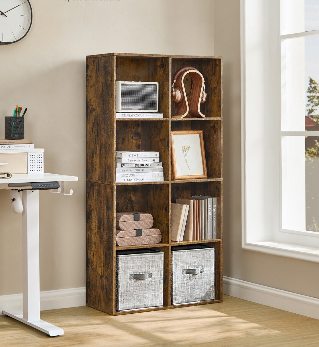 Boekenkast met 8 Vakken – Staand of Liggend als TV-meubel – Vintage Bruin – 65,5 x 30 x 129,5 cm
